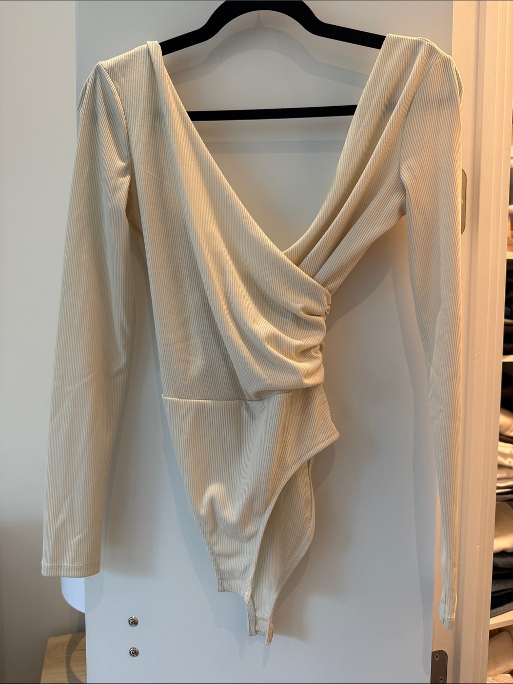 Topshop Cream Ribbed Wrap-Front Long Sleeve Bodysuit